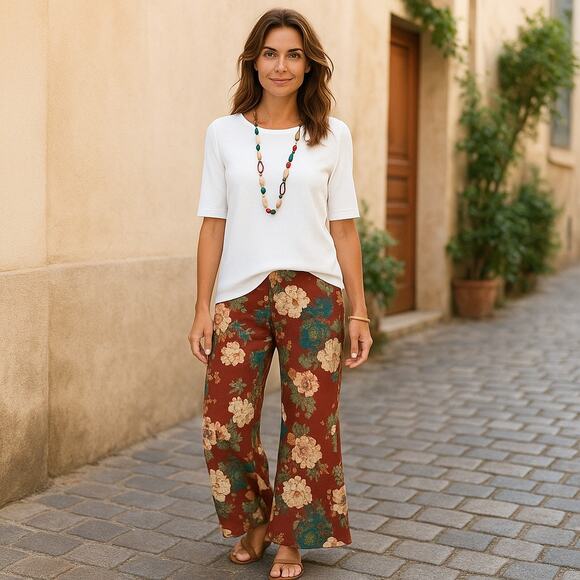 Chico's Floral Wide Leg Pull-On Palazzo Pant Size 0 XS 4 Rust Green - Picture 1 of 6